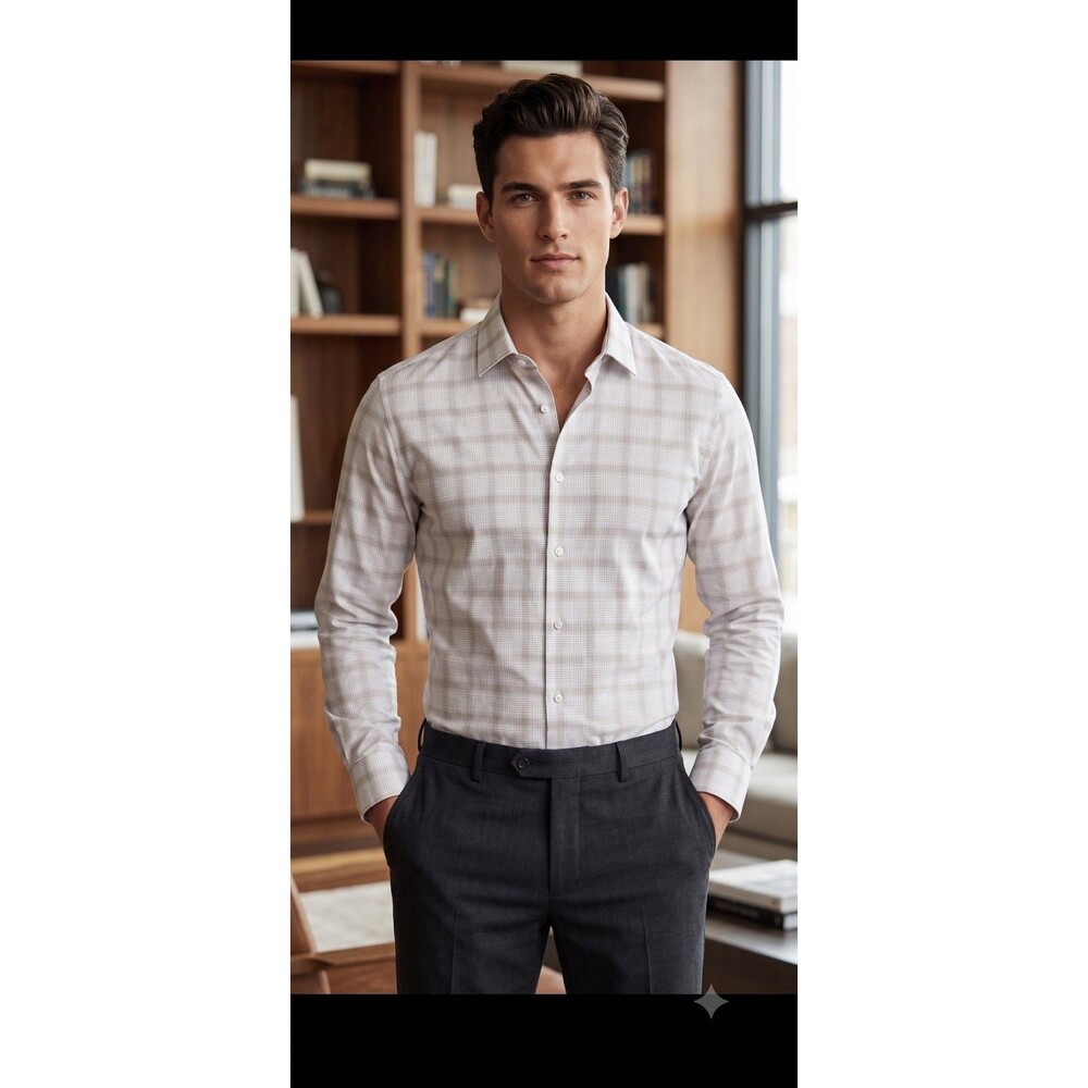 Bar III Mens Button Up Shirt Slim Fit Stretch Gray Tan Plaid Long Sleeve SZ 16.5